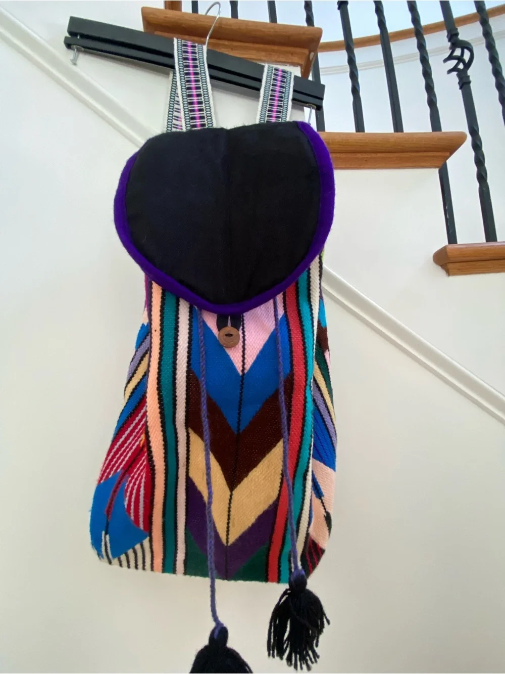 Handwoven Multicolor Chevron Backpack with Black Flap